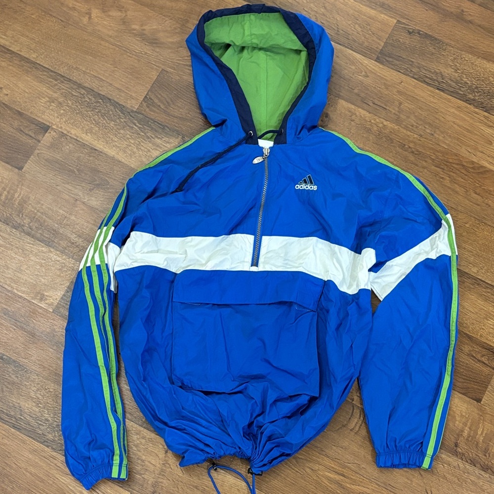 Vintage Adidas Blue and Green Hooded Jacket